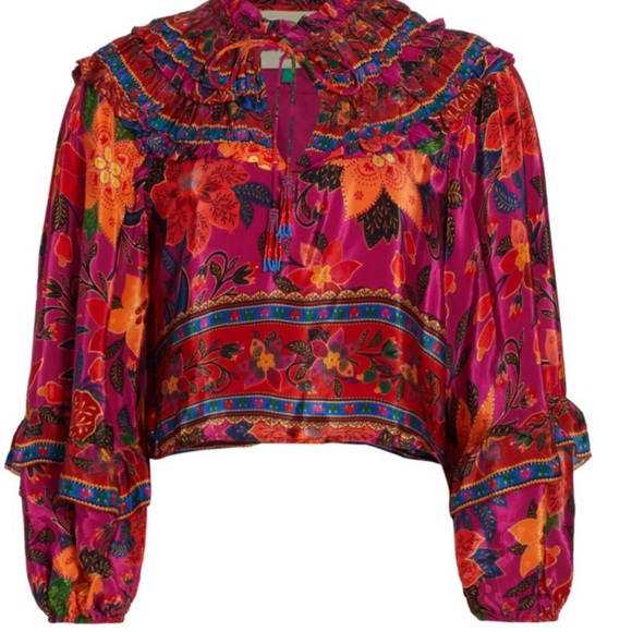 Farm Rio Tropical tapestry long sleeve ruffle top - Picture 2 of 3